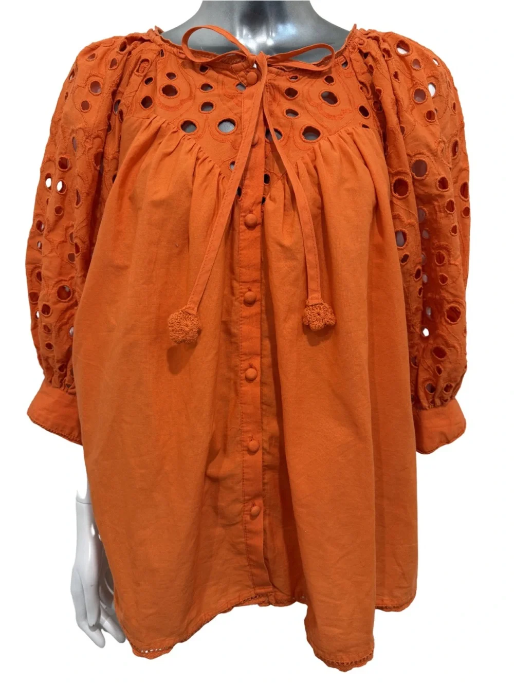 Anthropologie Orange Eyelet Peasant Blouse Size 1X Boho Cotton - Picture 5 of 10